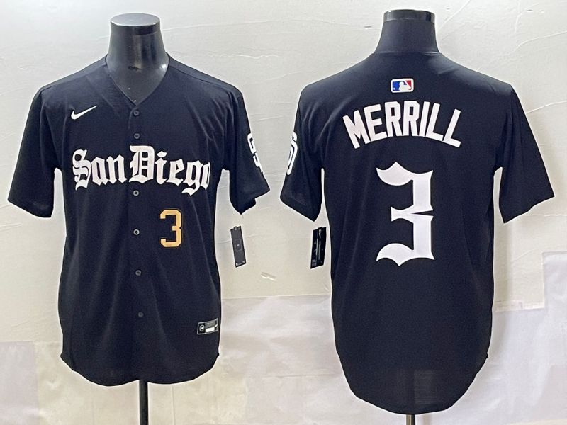 Men 2025 San Diego Padres #3 Merrill Black Five generations Joint Name Nike MLB Jersey style 6->san diego padres->MLB Jersey